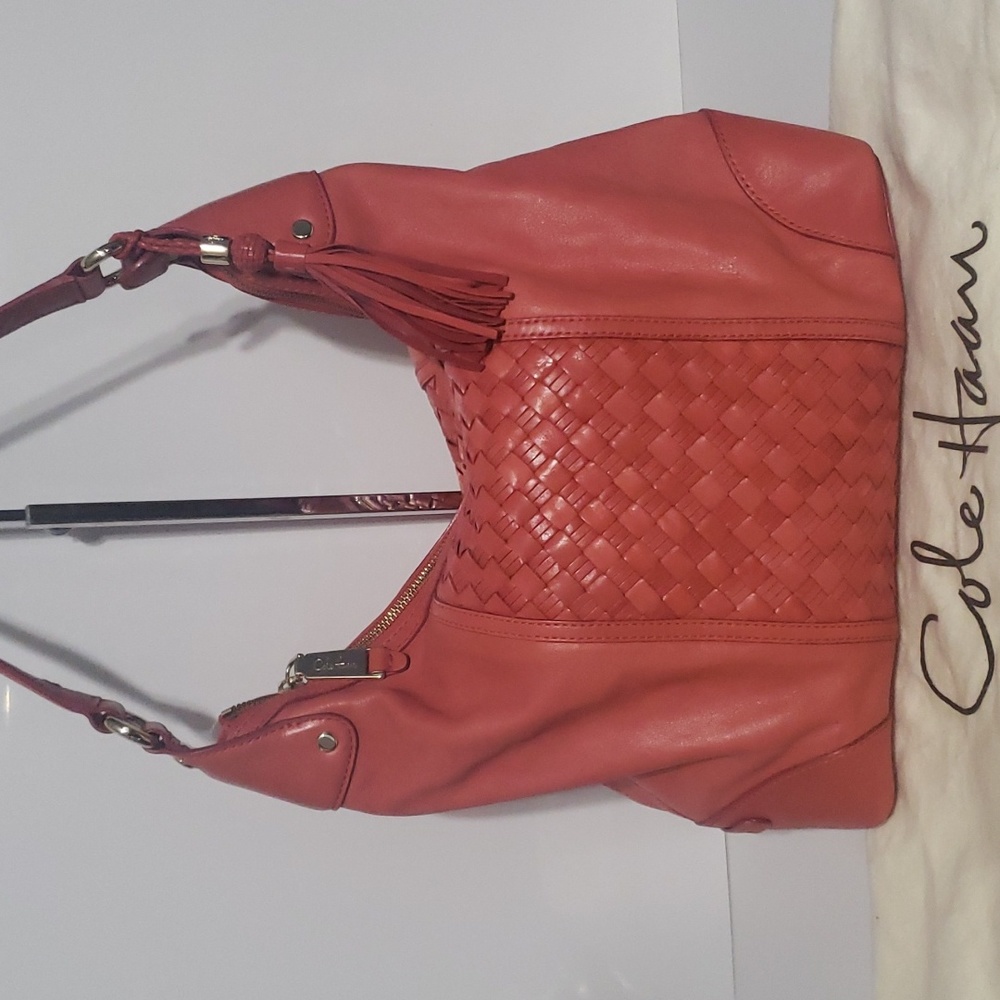 Cole Haan Coral Color Woven Leather Satchel Shoulderbag